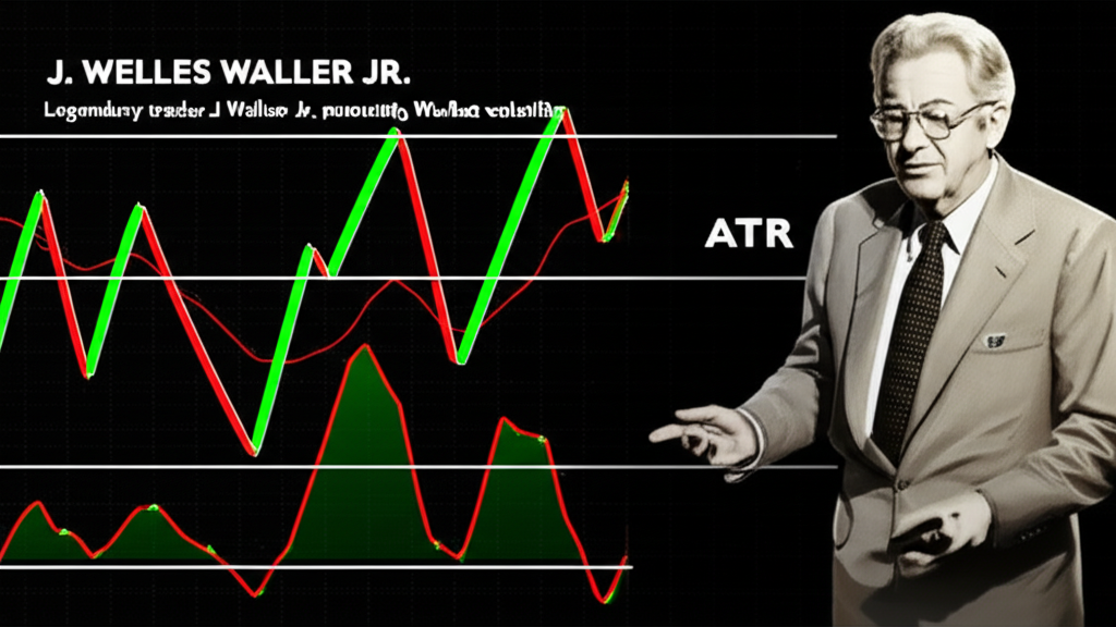 金融圖表顯示動態價格波動與ATR指標疊加,傳奇交易員J. Welles Wilder Jr.介紹市場波動測量概念的插圖