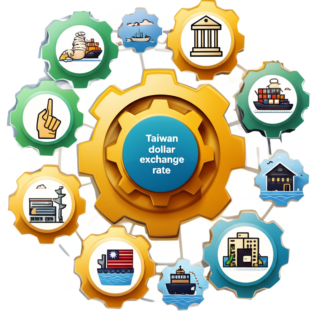 複雜齒輪網絡連結全球貿易、中央銀行政策與本地市場符號,所有因素影響中央標記為台幣匯率的齒輪,展示多面向成因