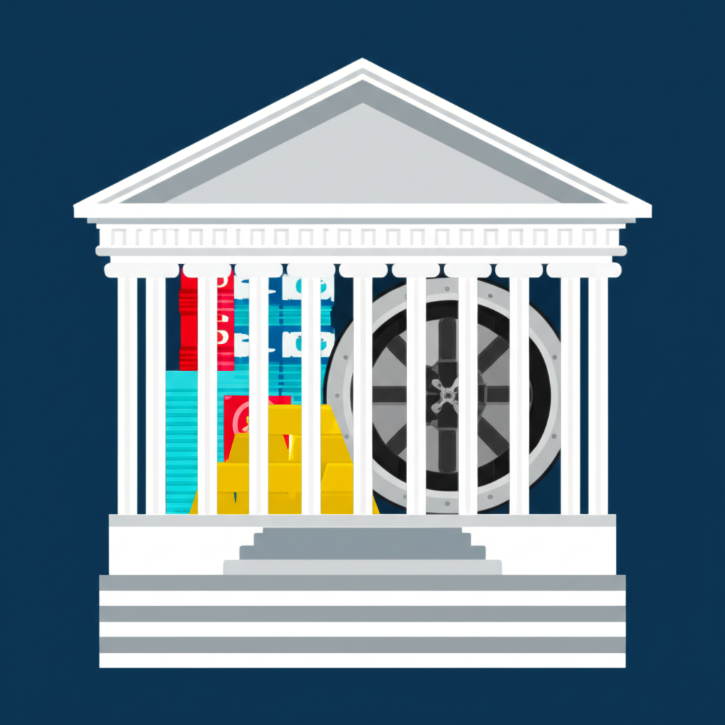 中央銀行大樓守護外幣與黃金儲備,象徵國家經濟實力與防範全球金融波動的戰略角色