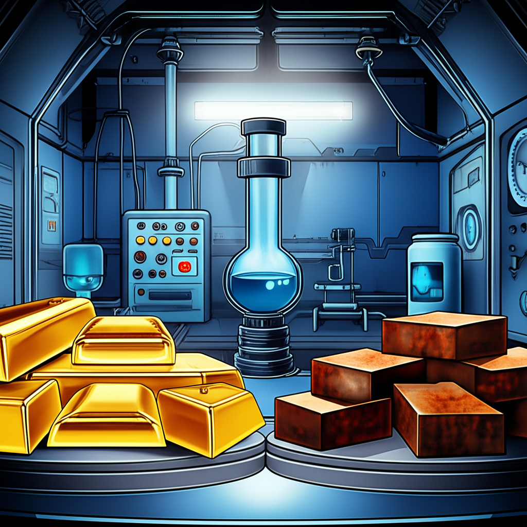 一側閃亮無瑕貴金屬另一側鏽蝕普通金屬象徵化學穩定性差異與稀有對豐沛在高科技工業實驗室