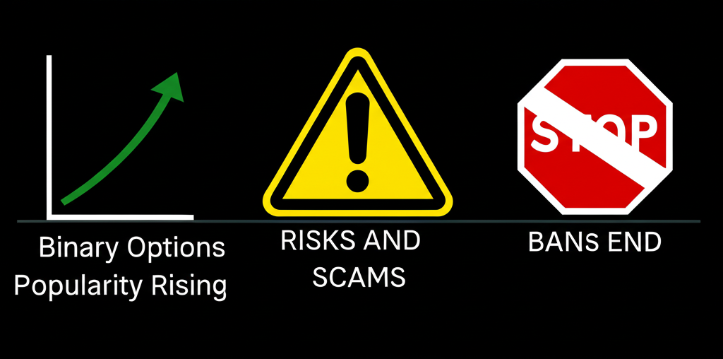 時間軸顯示二元期權流行興起,後接警示標誌,象徵其從簡單工具演變成高風險無監管活動,最終導致多國禁止