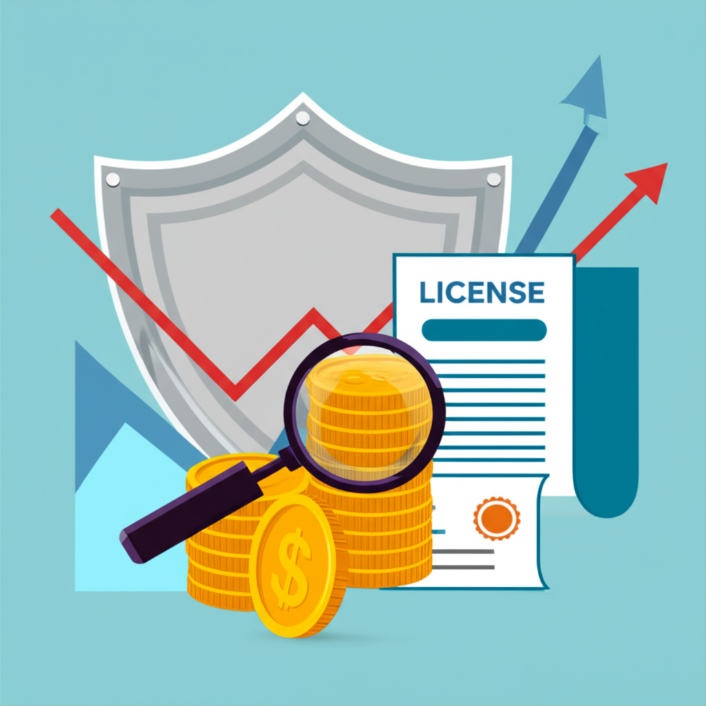 投資者安全與金融監管象徵，盾牌保護金幣堆疊與財務圖表，放大鏡檢視牌照文件