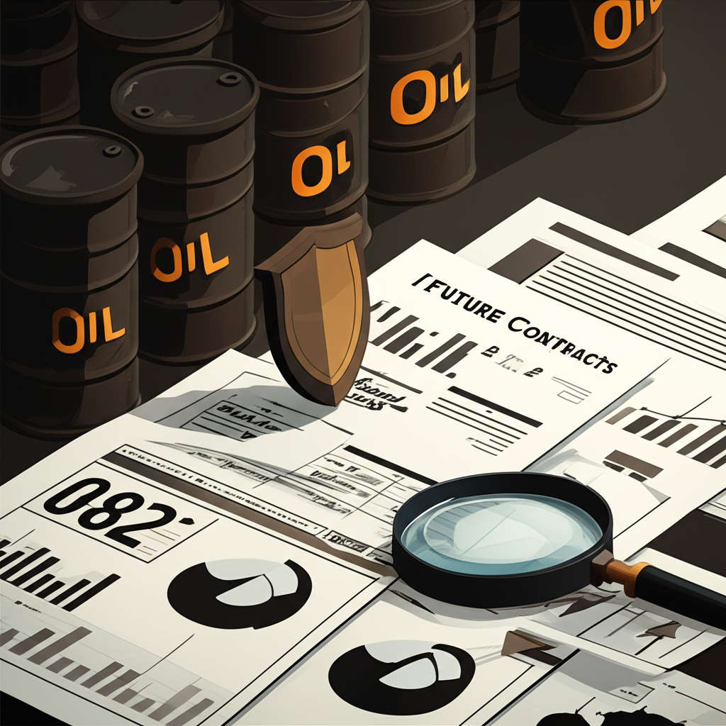 原油期貨概念插圖，展示油桶、金融文件、避險與投機路徑
