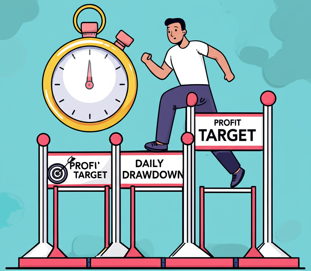 人員穿越障礙賽道的插圖,代表評估挑戰,包含獲利目標與每日虧損等關卡,背景有計時器