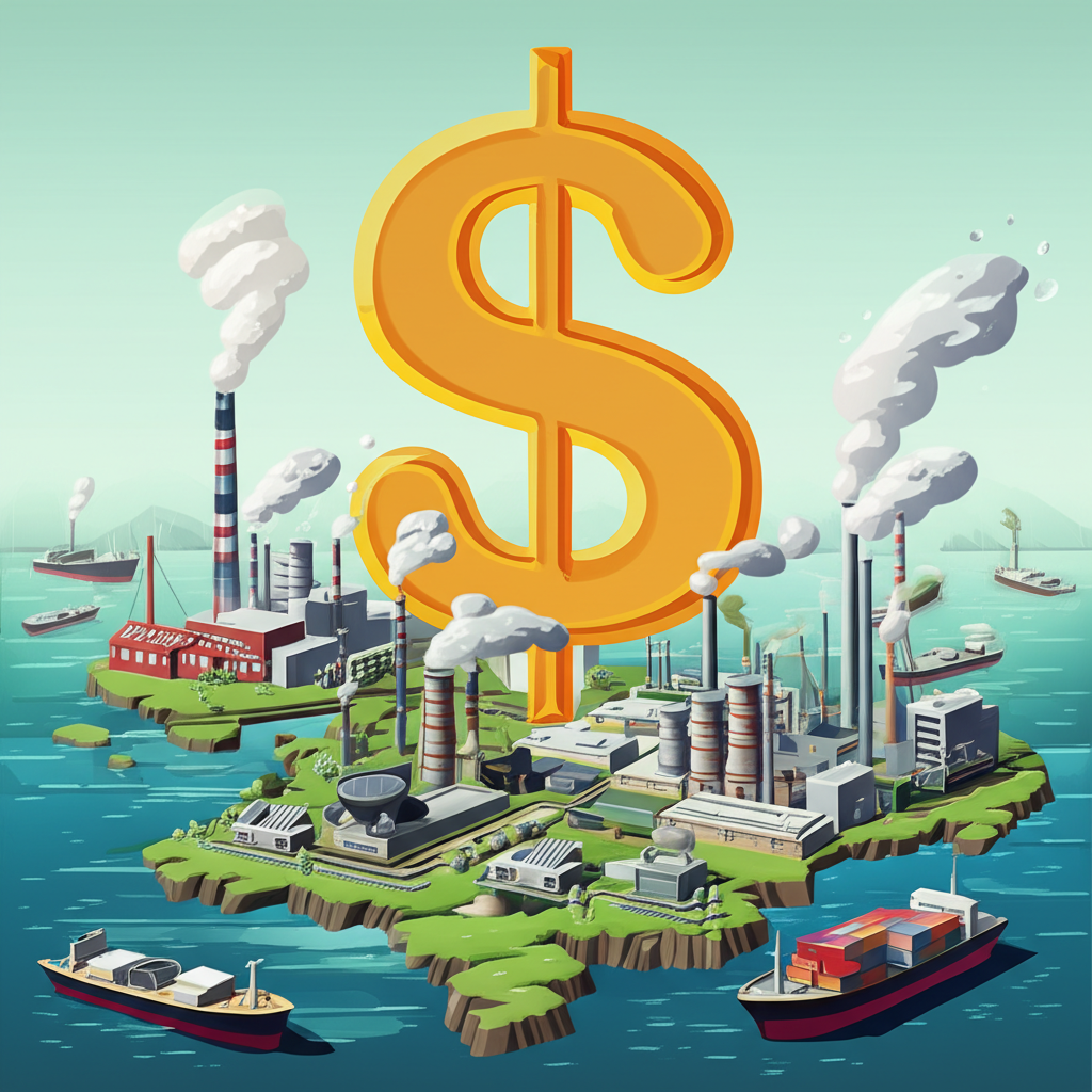 全球經濟景觀中強勢美元影響台灣與香港的出口經濟,顯示工廠與船隻的壓力及策略適應插圖