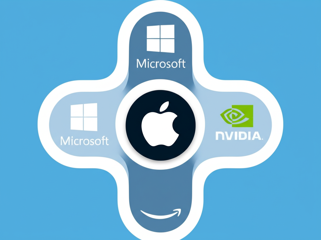 五家科技巨頭標誌互聯的插圖,代表Microsoft、Apple、Alphabet、Nvidia、Amazon形成的強大MAANG網路,將AI融入雲端、晶片、軟體、電商與智慧裝置