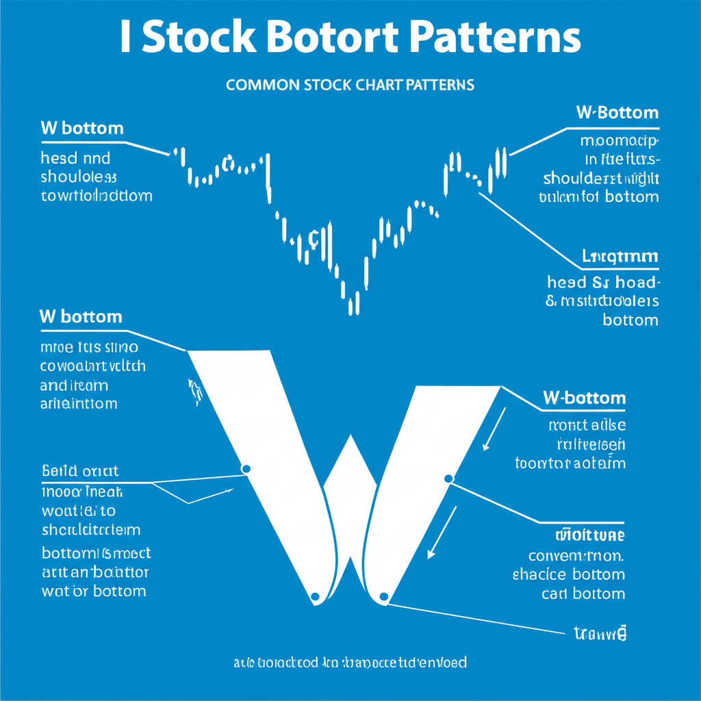 各種常見股市圖表底部型態的風格化資訊圖,包括W底和頭肩底,標註解釋標籤和箭頭