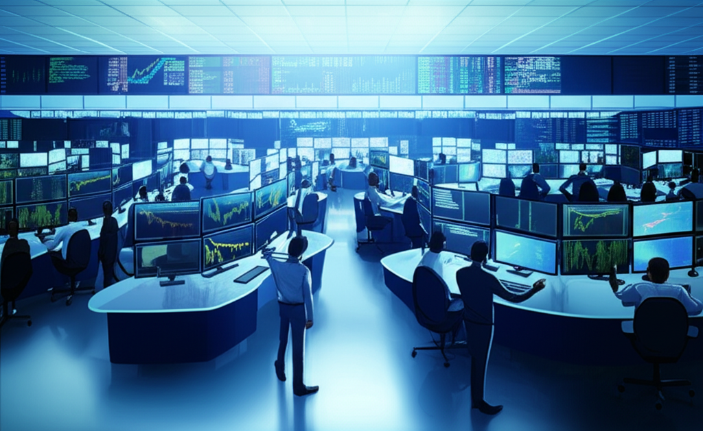 High-tech trading room with analysts executing high-frequency trading and market making strategies