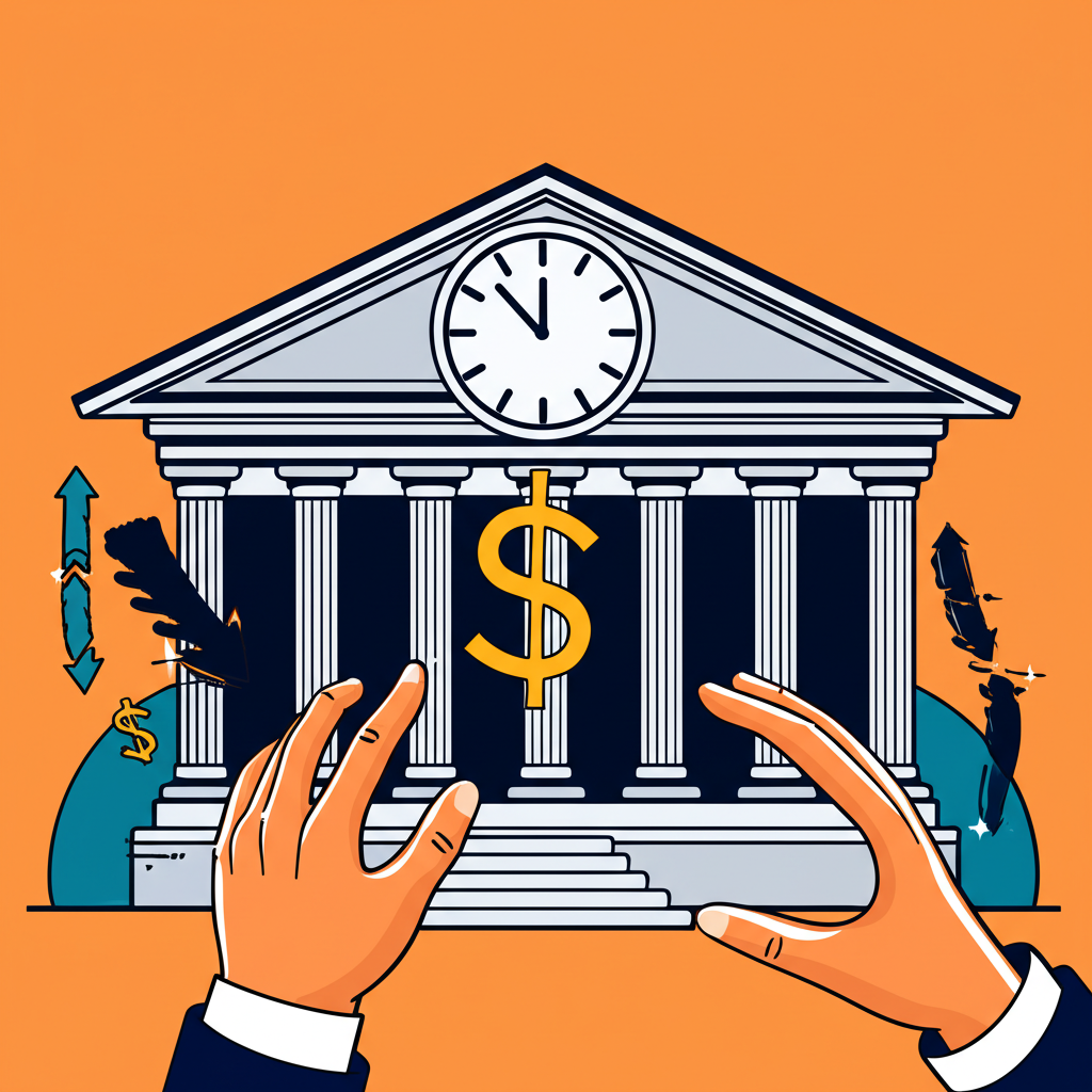 央行貨幣政策與降息預期的插圖，顯示建築物與時鐘、利率撥盤操作，以及美元符號的漲跌箭頭