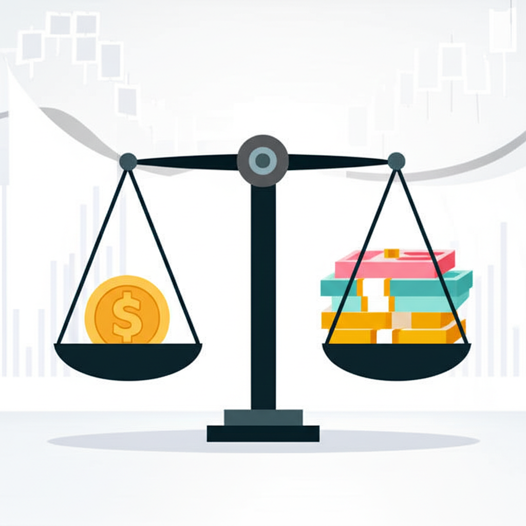 An illustration showing a small coin on one side of a scale balancing a large stack of money on the other side representing margin and leverage working together in forex trading
