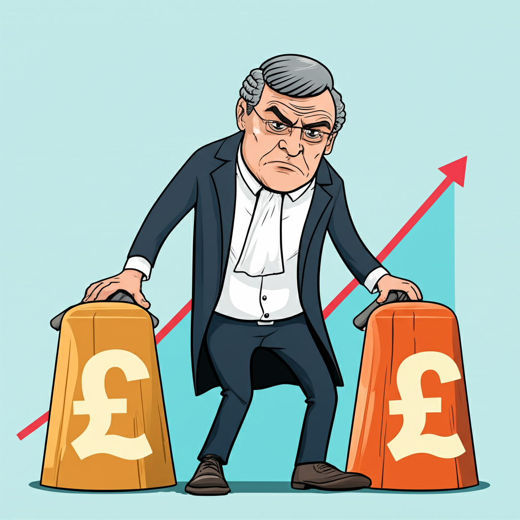 央行行長調整利率槓桿,英鎊符號一側伴隨上漲通膨圖表,象徵緊縮貨幣政策的嚴肅插圖