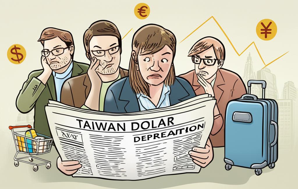 人們注視報紙頭條報導台幣貶值新聞,神情擔憂,背景有強勢台幣符號相對於<a href=