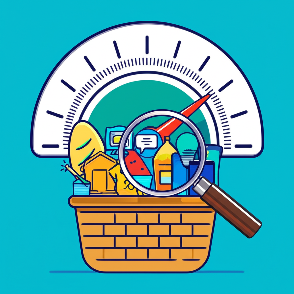 放大鏡檢視商品服務籃子，背景有通貨膨脹計，象徵消費者價格測量