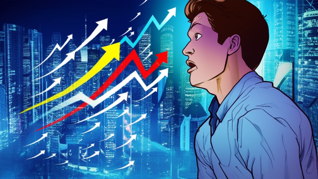 投資人注視快速變動的股票圖表,周圍環繞各種趨勢箭頭,背景為未來感金融城市景觀,表情混雜興奮與謹慎