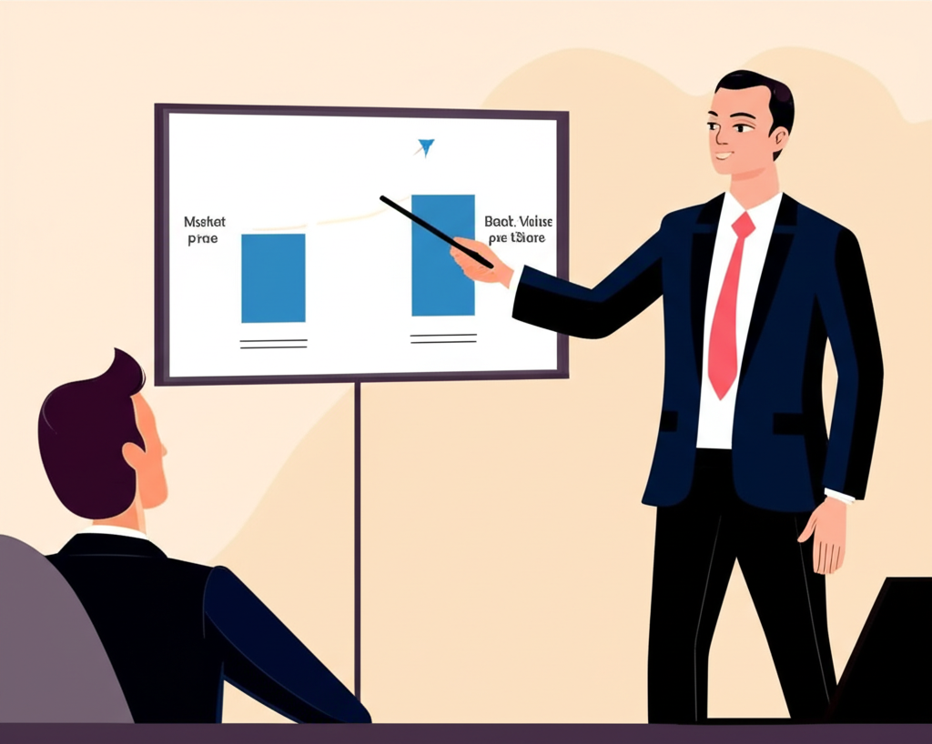 金融分析師向投資者解釋股價淨值比 PBR 的圖示，顯示市場價格與每股淨值圖表