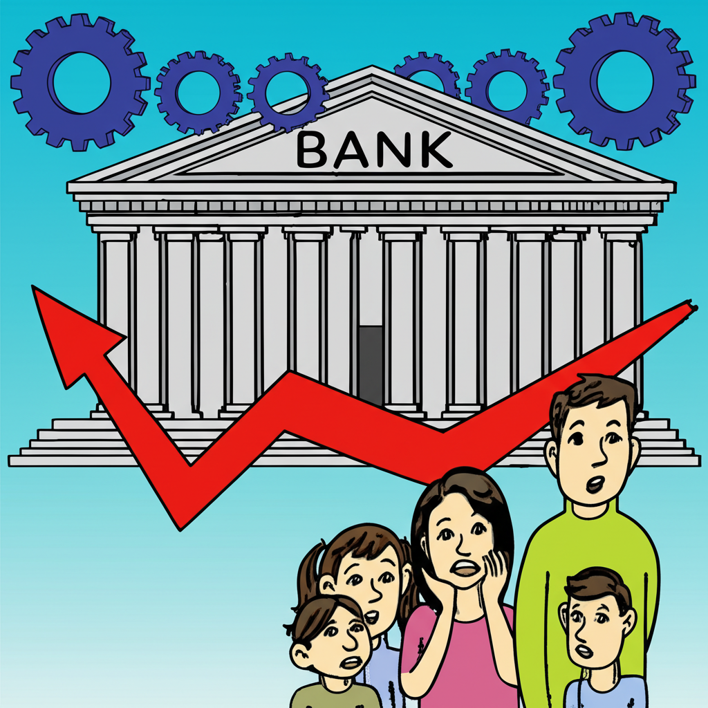 中央銀行建築與齒輪連接股票市場圖表,一家人在擔憂購買力下降,象徵CPI對經濟的影響