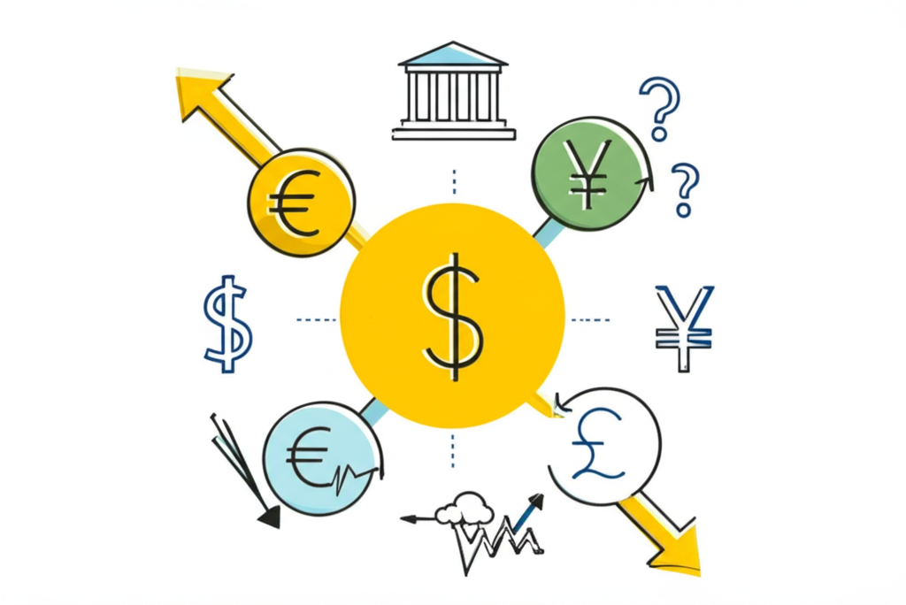 貨幣兌換圖示顯示貨幣升貶動向,受利率、中央銀行及全球不確定因素影響美元價值插圖