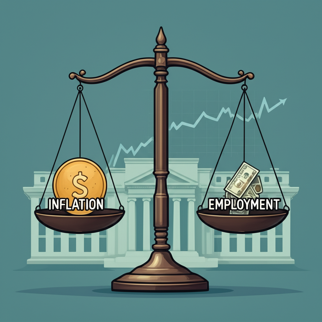 聯準會平衡秤上放置通膨與就業的插圖，代表雙重使命和貨幣政策工具如利率調整