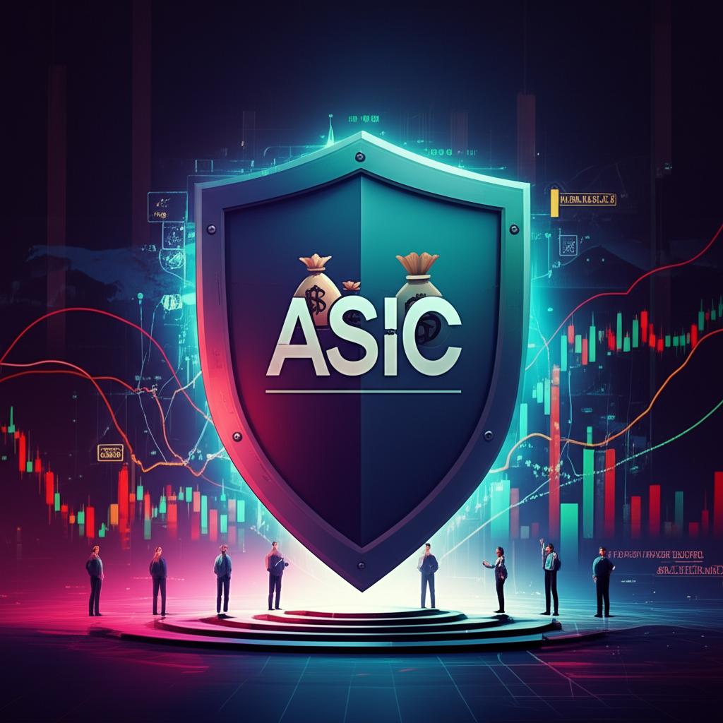 ASIC shield protecting investors and money bags in a vibrant global financial market illustration