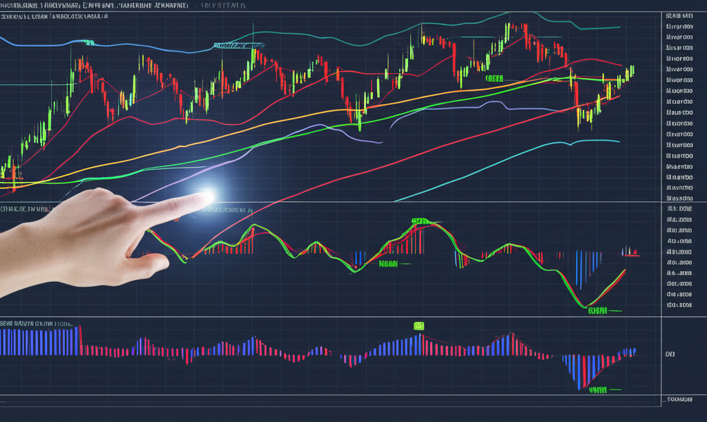 數位螢幕顯示技術指標如移動平均線、MACD、RSI與布林通道,手指指向圖表線條