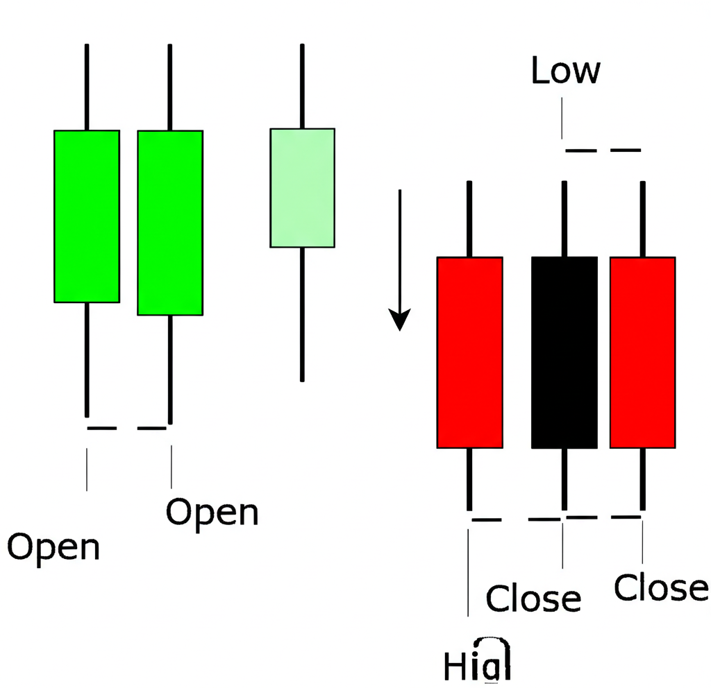 放大K線基礎結構的插圖，展示綠色陽線實體和紅色陰線實體，標註上影線、下影線及開盤收盤最高最低價格