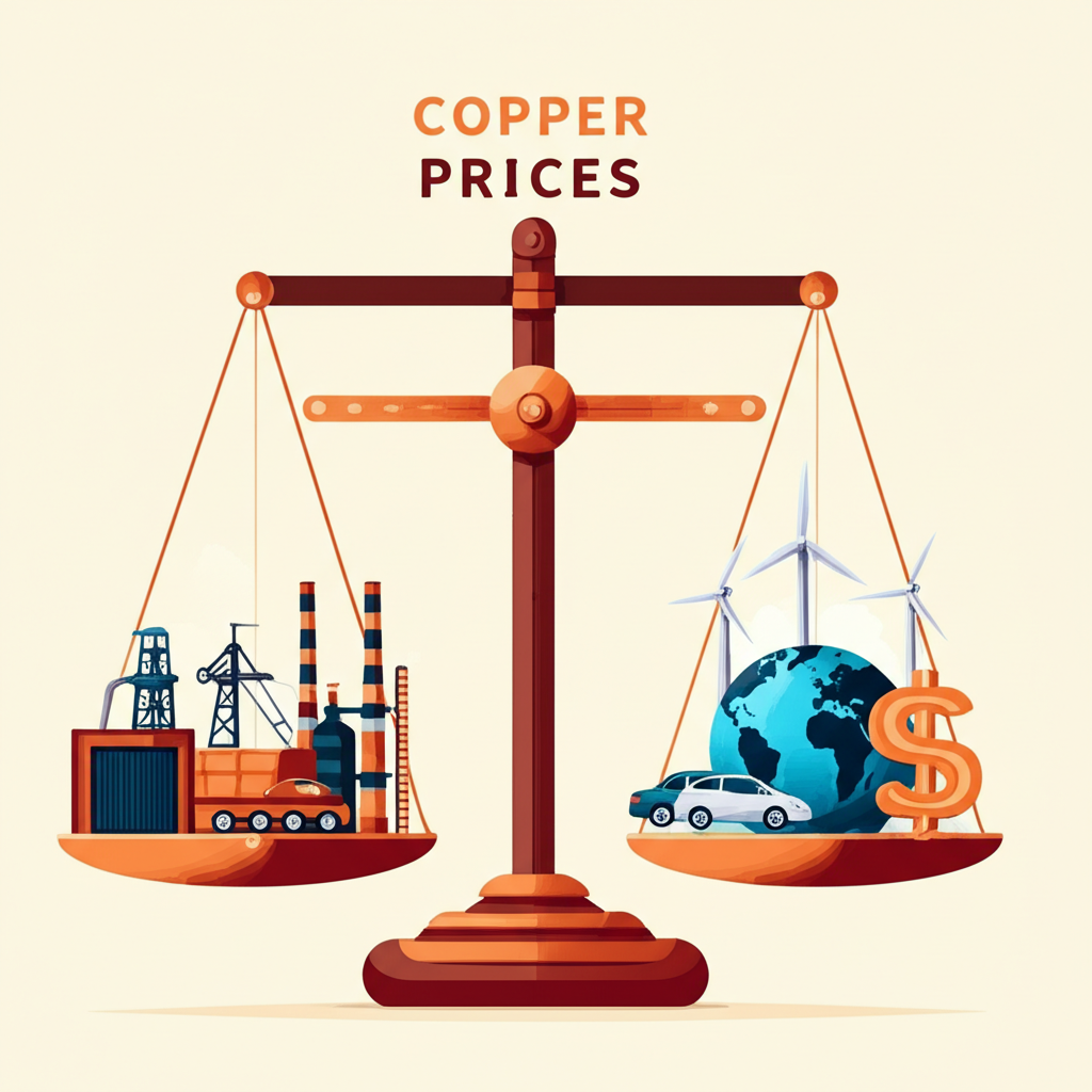 平衡秤一側有銅礦倉庫經濟圖表美元與世界地圖,另一側電動車與風力渦輪機,共同影響銅價因素