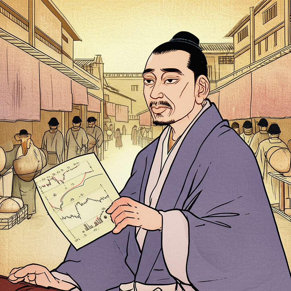 十八世紀日本米商本間宗久發明K線圖的歷史插圖，背景為古老日本市場，融合歷史與金融元素