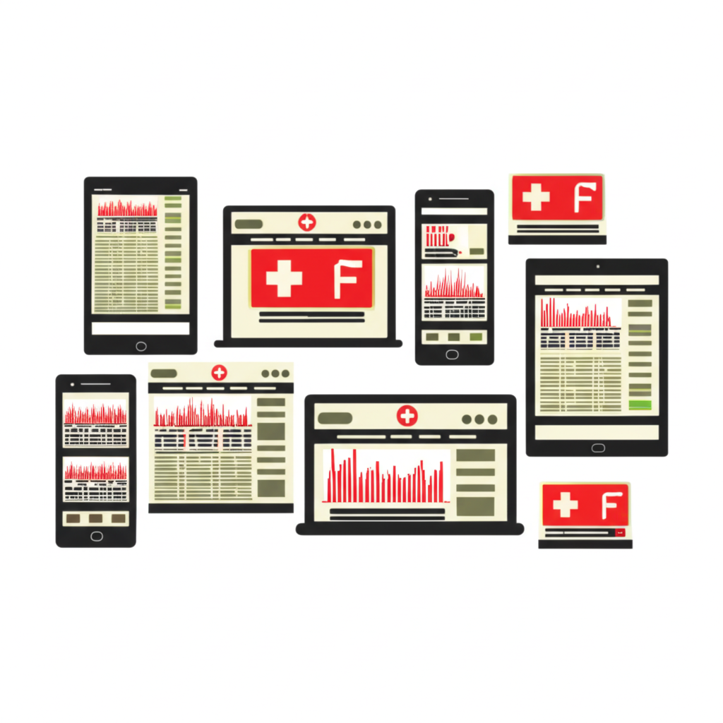 各種數位裝置顯示瑞郎即時匯率的插圖，包括銀行App和財經網站