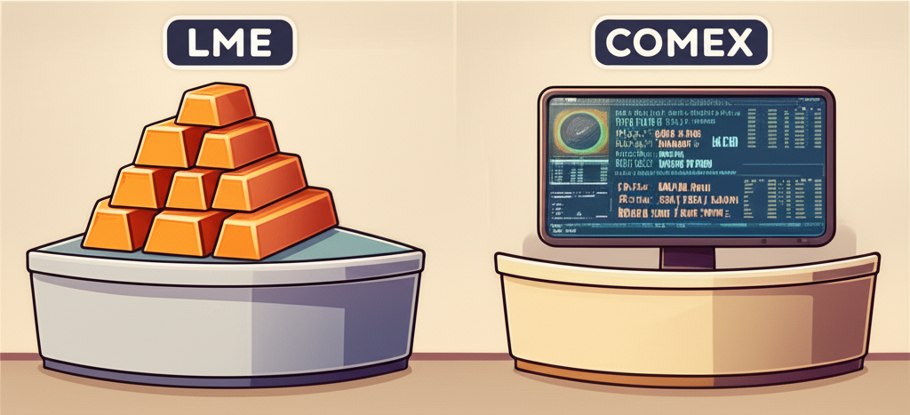 LME與COMEX銅期貨交易平台插圖,顯示兩個不同交易台,一邊是LME的銅錠,另一邊是COMEX的數位螢幕呈現合約規格如單位與價格