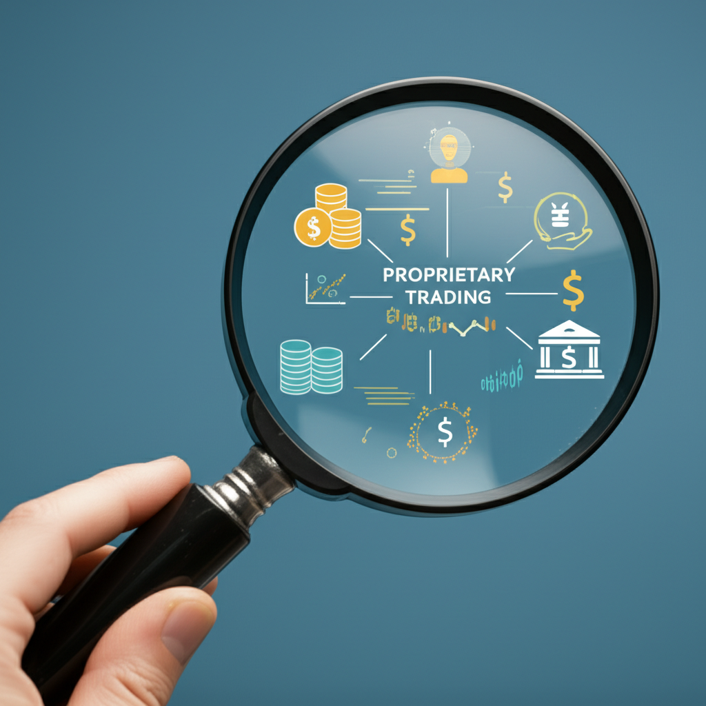 放大鏡檢視自營交易核心概念,展示金融機構使用自有資本的插圖