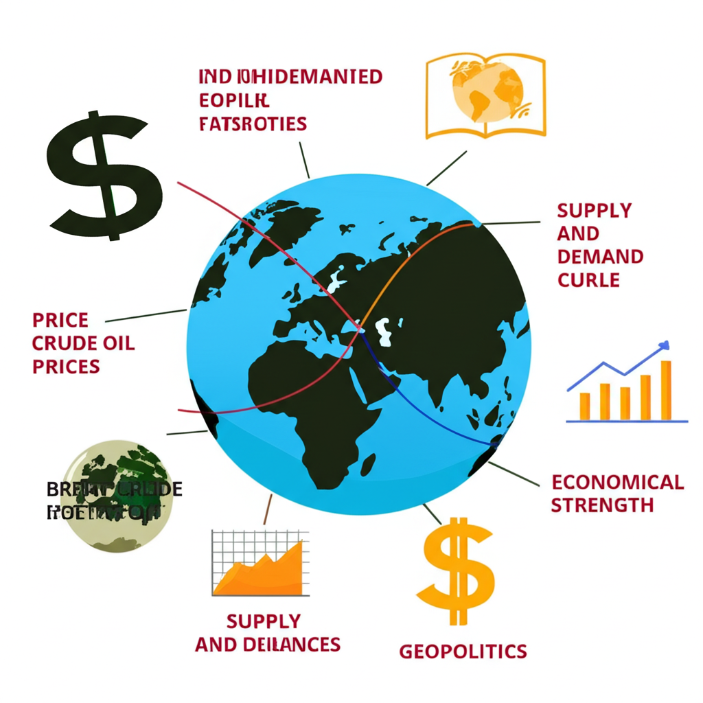 影響布蘭特原油價格的因素圖示,包括供需曲線、地緣政治地球儀、美元符號與經濟圖表