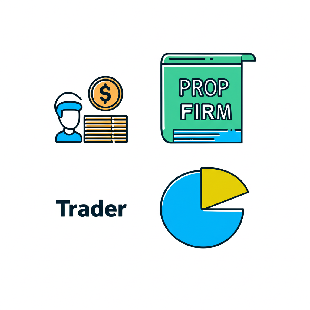 商業模式插圖，顯示挑戰費用支付圖標和交易員與自營商之間的利潤分享餅圖