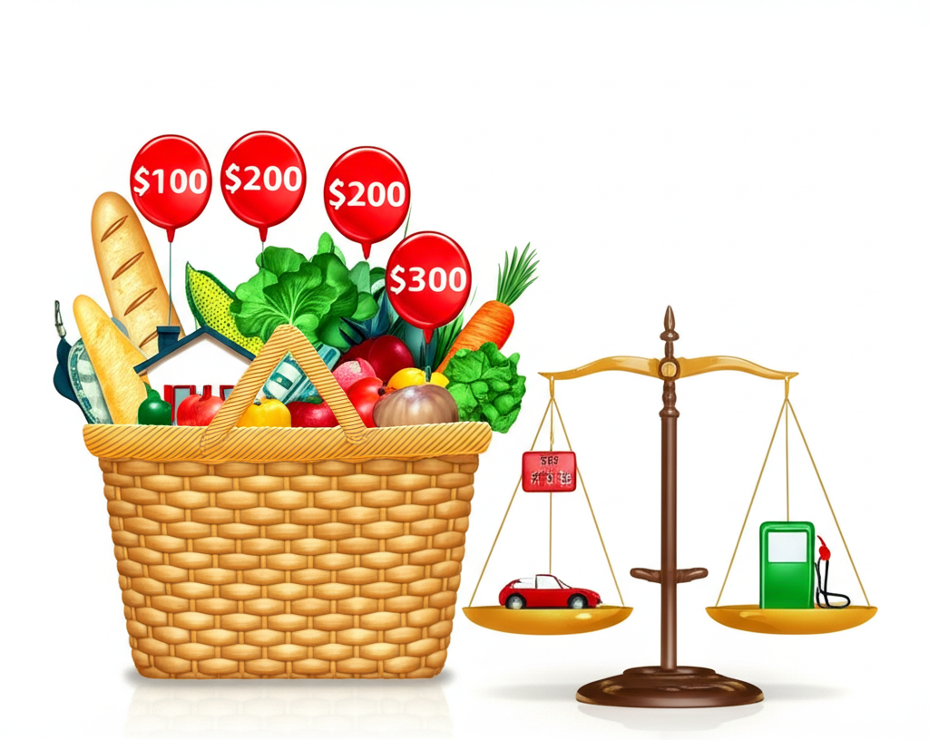 商品與服務籃子價格上漲、通膨概念插圖