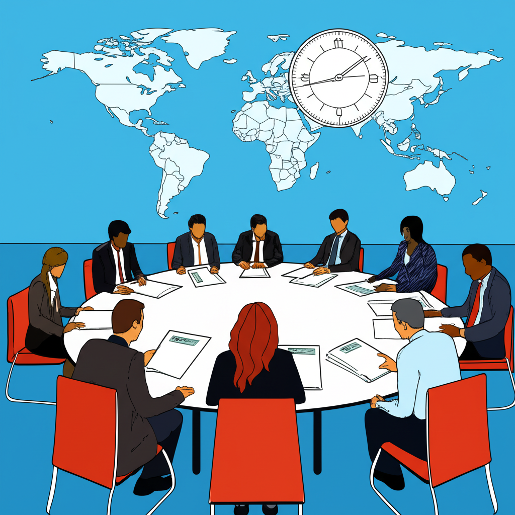 FOMC 會議圓桌討論，成員審閱政策文件與全球地圖背景