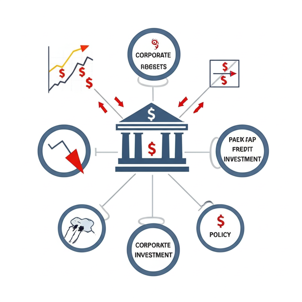 貨幣貶值傳導機制圖示，包含企業盈利圖表、外資流出箭頭與央行政策元素