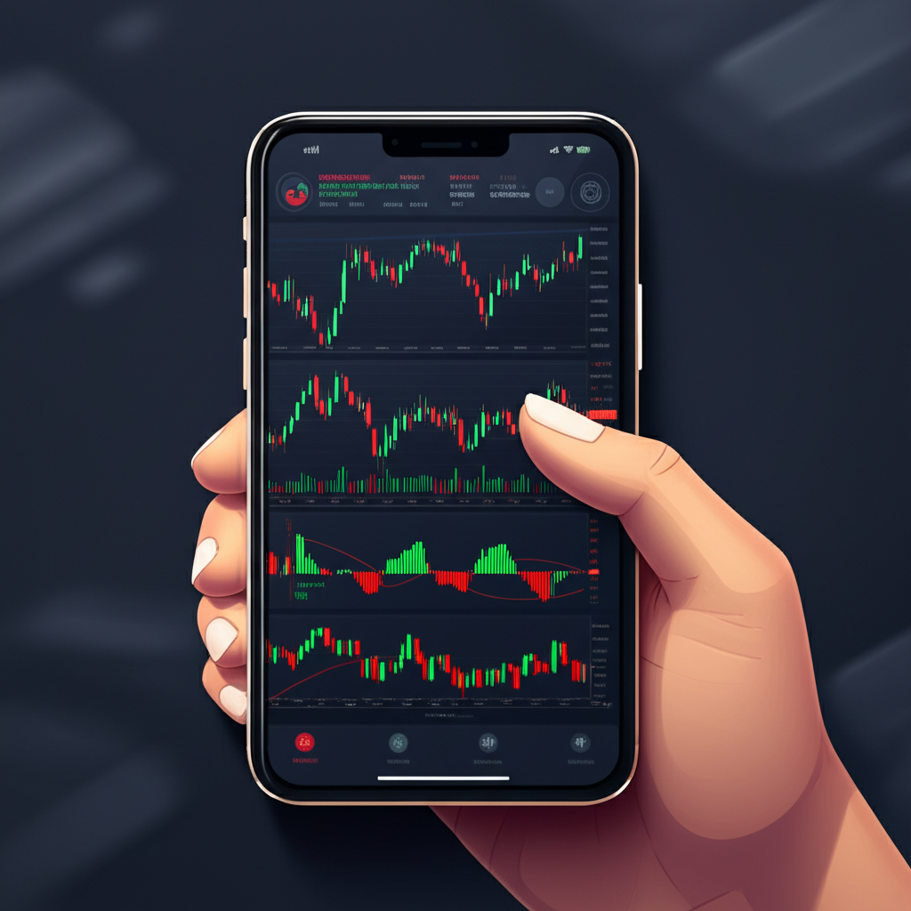 手機螢幕展示進階外匯交易工具,包括圖表、指標、新聞饋送與風險管理設定,展現專業分析能力