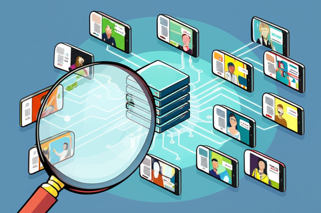 大型資料庫插圖,發光線條連接至個別消費者的個人化內容氣泡畫面,放大鏡聚焦數據