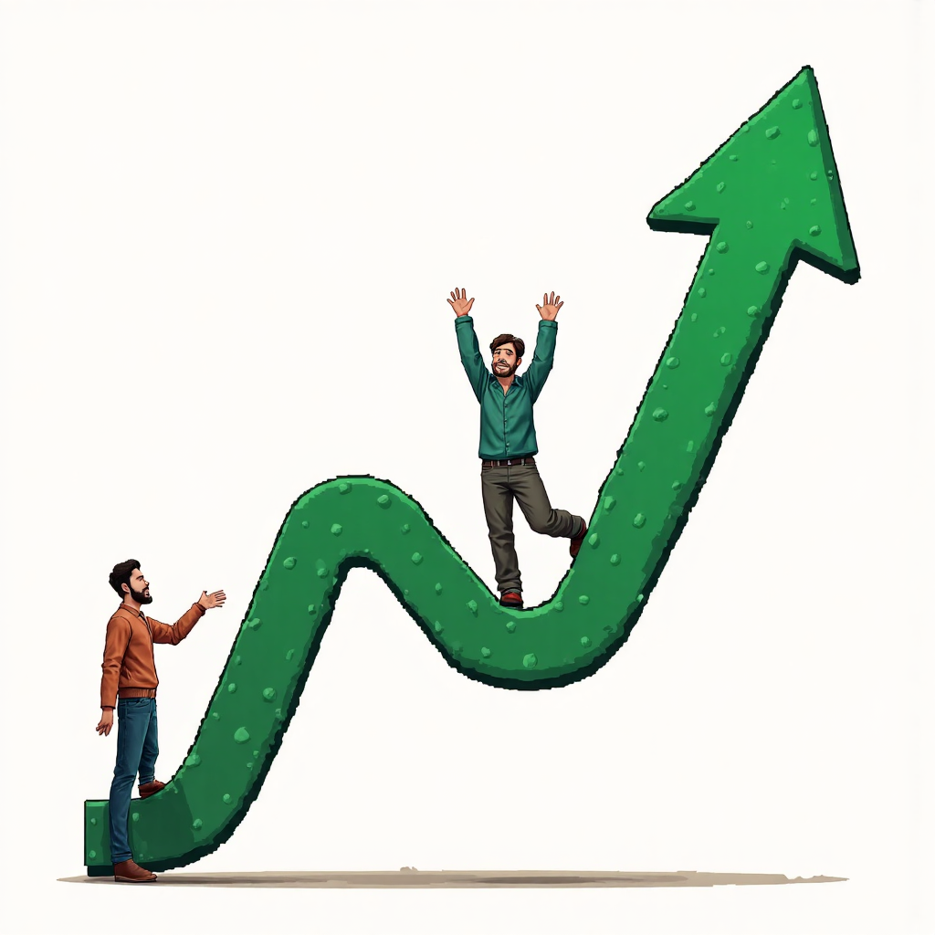 股票走勢圖呈現W底型態，綠色向上箭頭從第二底部竄出，象徵市場轉折與投資人喜悅