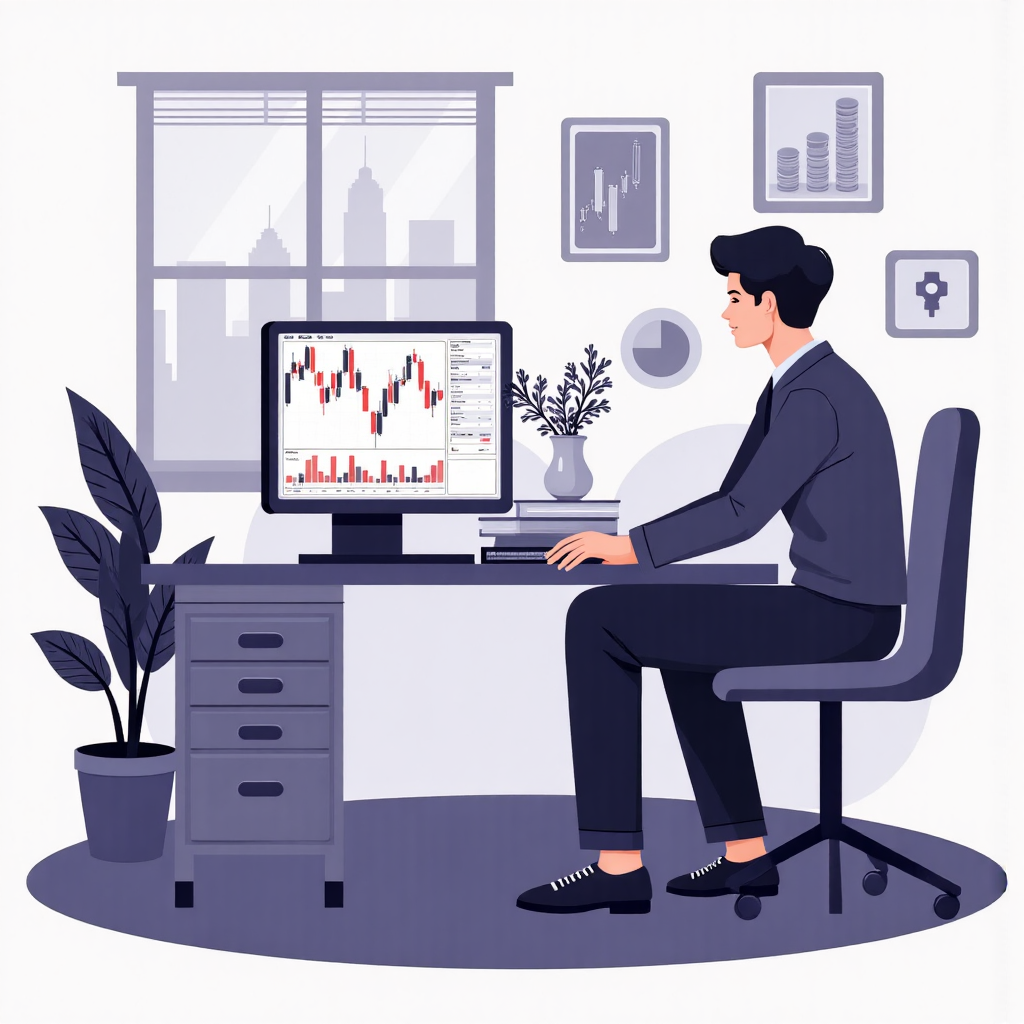 交易員在W底型態股票圖表前自信決策，背景隱現市場機會與風險元素