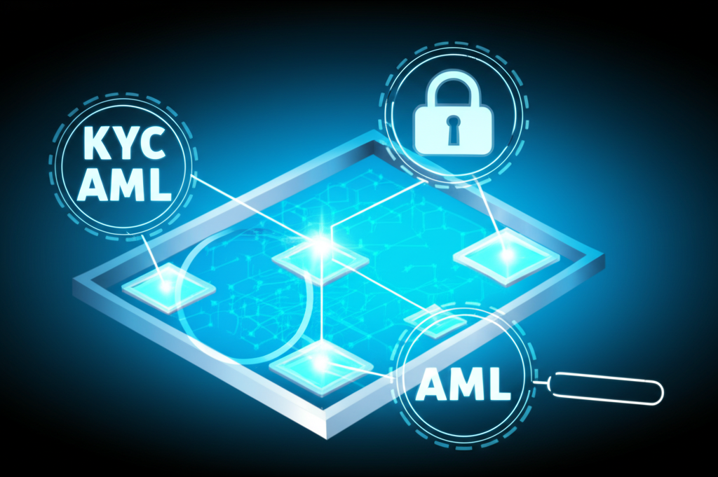 安全數位帳本帶有 KYC 和 AML 符號、放大鏡與鎖,代表嚴格的反洗錢措施
