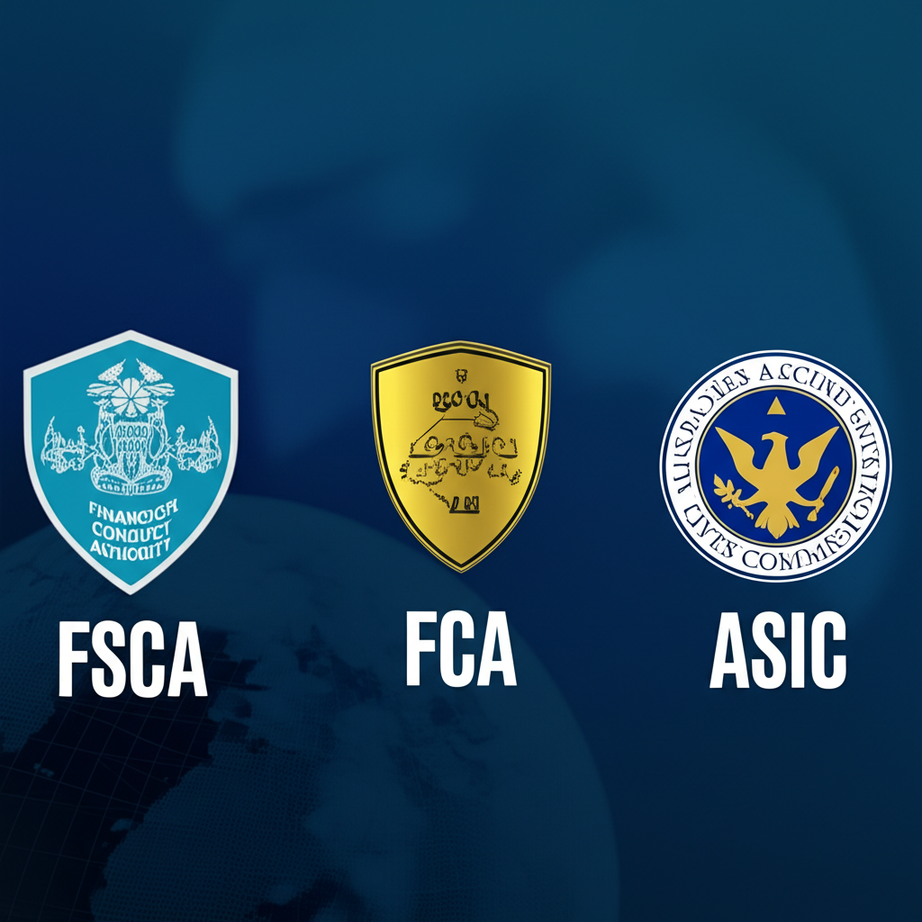 FSCA、FCA 和 ASIC 三個監管機構的比較插圖,背景為全球地圖,突顯投資者保護差異