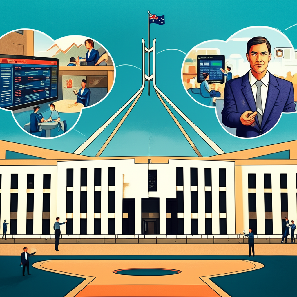 Australian Parliament House with ASIC guardian figure overseeing financial trading and banking activities for fairness and transparency illustration