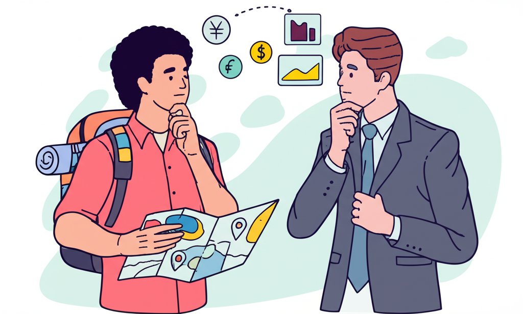 不同個體對美金換歐元划算定義的插圖,展示旅客與投資者的個人財務目標