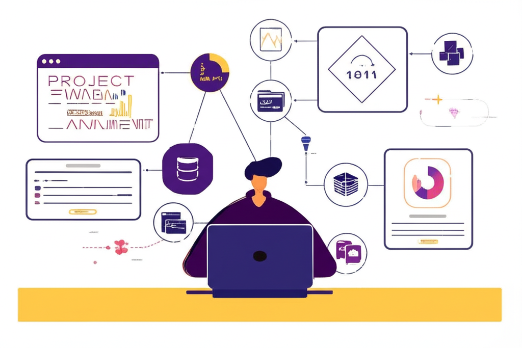 一位使用者與數位介面互動,包括專案管理儀表板顯示任務進度、自動化流程圖連結應用程式,以及雲端儲存符號,展現工作簡化的無縫整合
