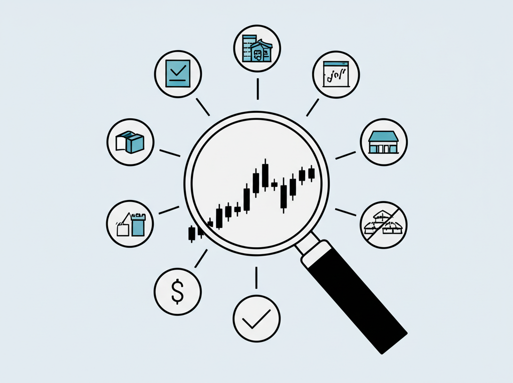 放大鏡檢視股票市場指數圖表,周圍環繞多元化資產圖示,強調追蹤機制與分散風險、低費用優勢