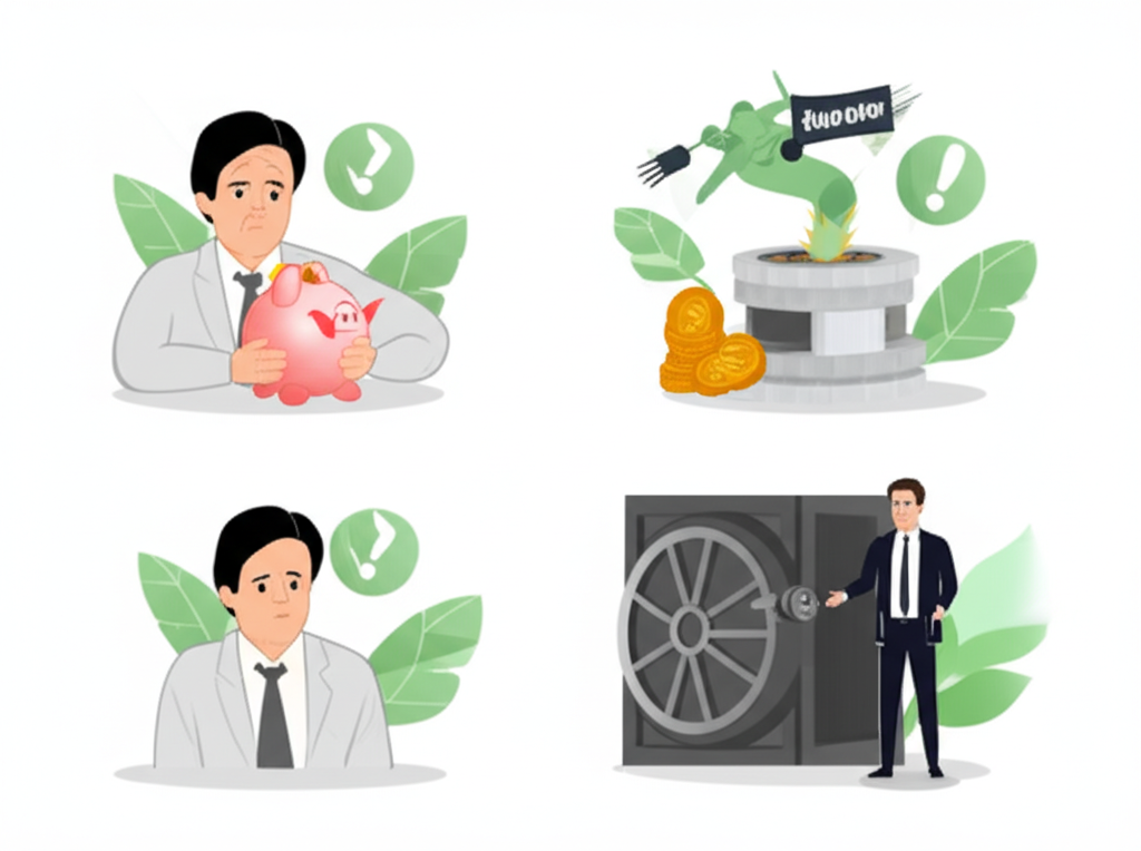 比較兩位交易員的插圖,一位用小豬撲滿憂心忡忡,另一位為資金交易員背靠大金庫從容專注