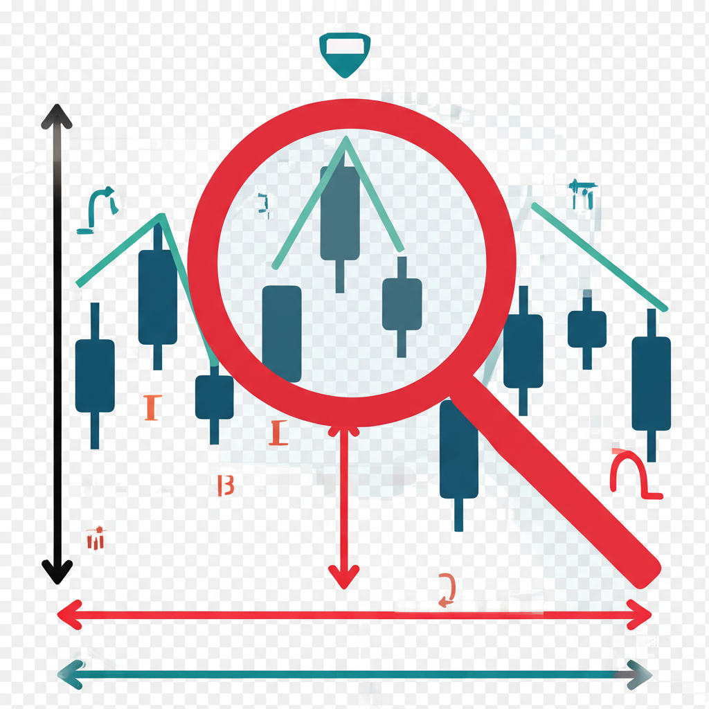 K線圖顯示上升趨勢、下降趨勢與盤整趨勢,標註峰谷線條與放大鏡檢視
