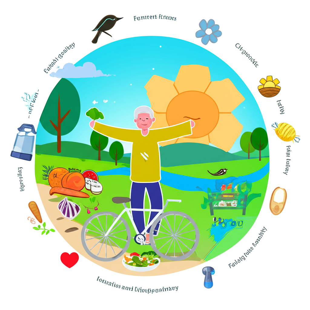 一位人士享受活力生活,從事騎行、健康飲食與安穩睡眠,周圍環繞象徵長壽與高品質生活的元素,營造寧靜而活躍的氛圍