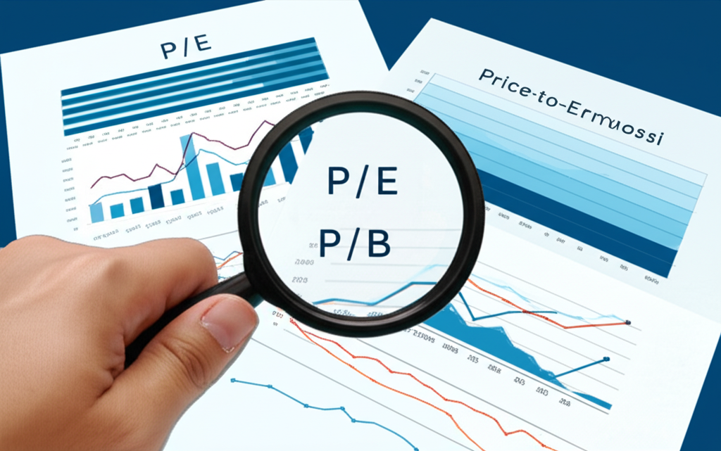 A person holding a magnifying glass examining financial documents and charts with P/E and P/B labels illustration unlocking investment value through data analysis