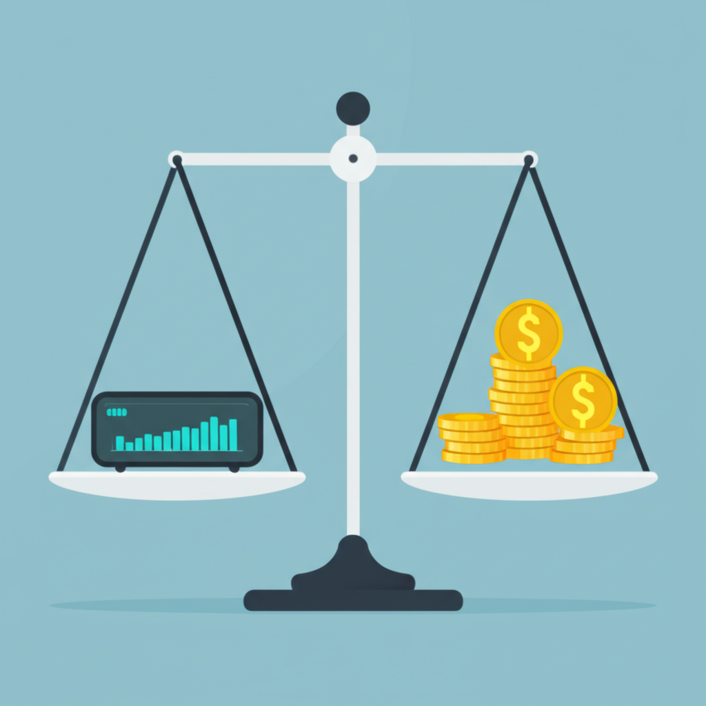 平衡秤一側放股價,另一側堆放盈餘金幣,象徵本益比的核心概念